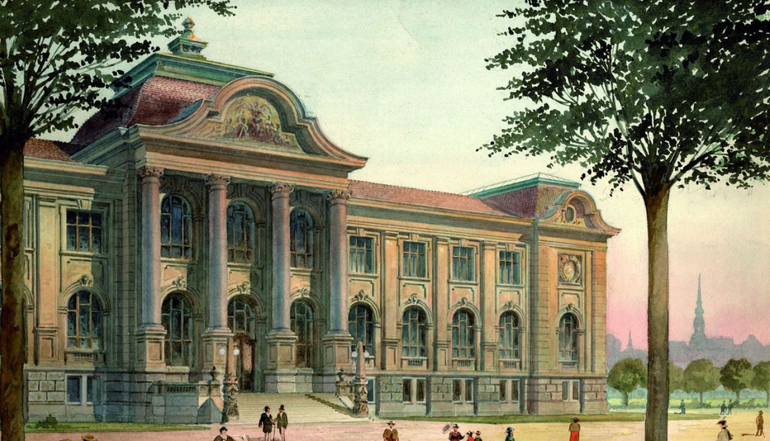 Vilhelms Neimanis (Wilhelm Neumann). Rīgas pilsētas mākslas muzeja fasādes skice. 1902.  Papīrs, akvarelis. LNMM kolekcija. Publicitātes foto