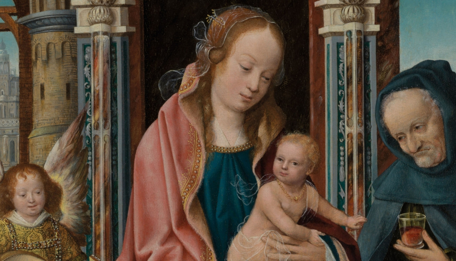 Frankfurtes meistara darbnīca (ap 1480–1533). Svētā Ģimene ar muzicējošo eņģeli, svētajām Katrīnu un Barbaru. Fragments. 1510–1520. Koks, eļļa. Prado Nacionālā muzeja kolekcija, Madride, Spānija. © Photographic Archive. Museo Nacional del Prado. Madrid.