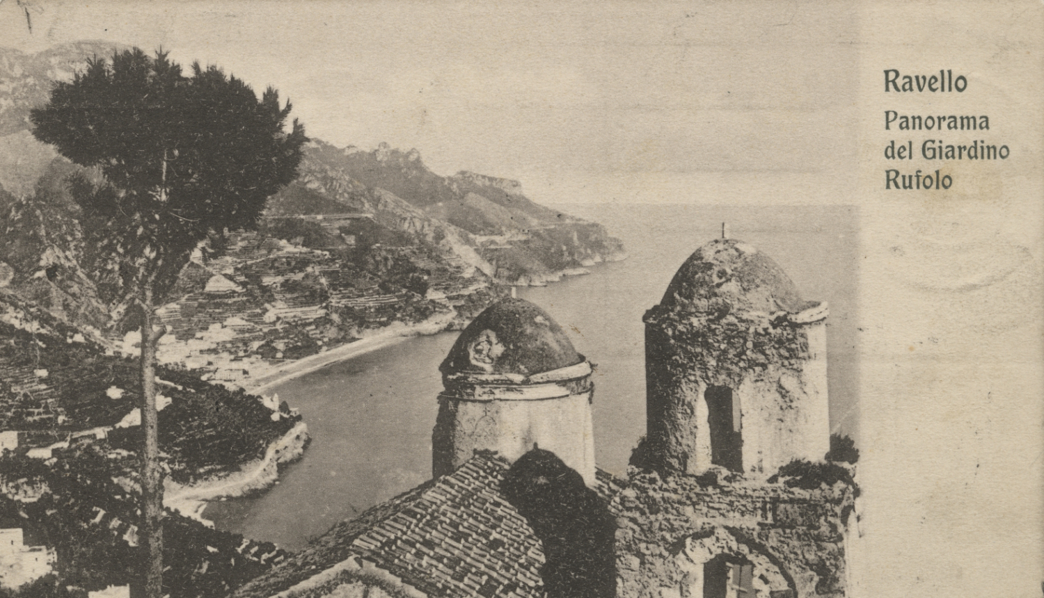 Gleznotāja Mateo Brondī pastkarte Janim Rozentālam – Santa Maria delle Grazie baznīcas torņi Rufolo pils dārzos Ravello pilsētā Amalfi. 1912. RTMM 391081.