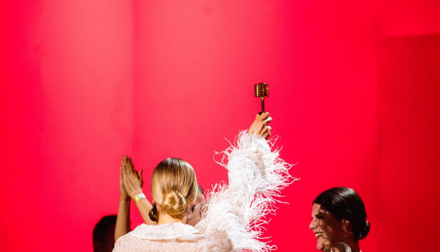 Mūziķi uz skatuves ar mikrofonu