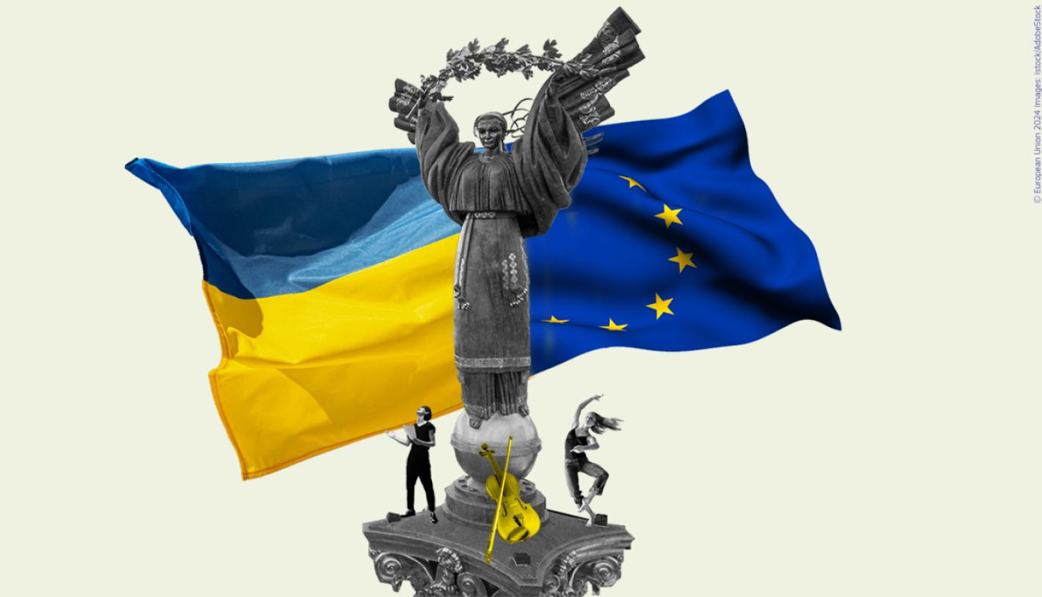 Radošās Eiropas Programmas vizuālais materiāls uzsaukumam Ukrainas kultūras un radošo sektoru atbalstam. Vizuālajā materiālā ir attēloti Ukrainas un ES karogi, kuriem priekšā redzami kultūras piemineklis, 1 dejotāja, 1 mākslinieks.