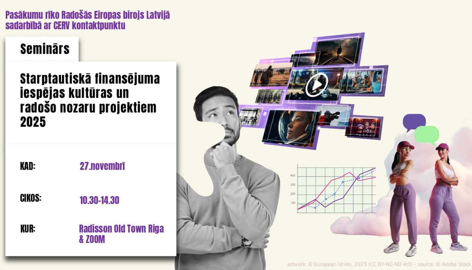 Pasākums par finansējuma iespējām kultūras un radošajām nozarēm - vizuālais materiāls, kas attēlo pamata informāciju par pasākumu - pasākums notiks 27. novembrī plkst. 10.30, Zoom un Radisson Hotel Old Town Riga.