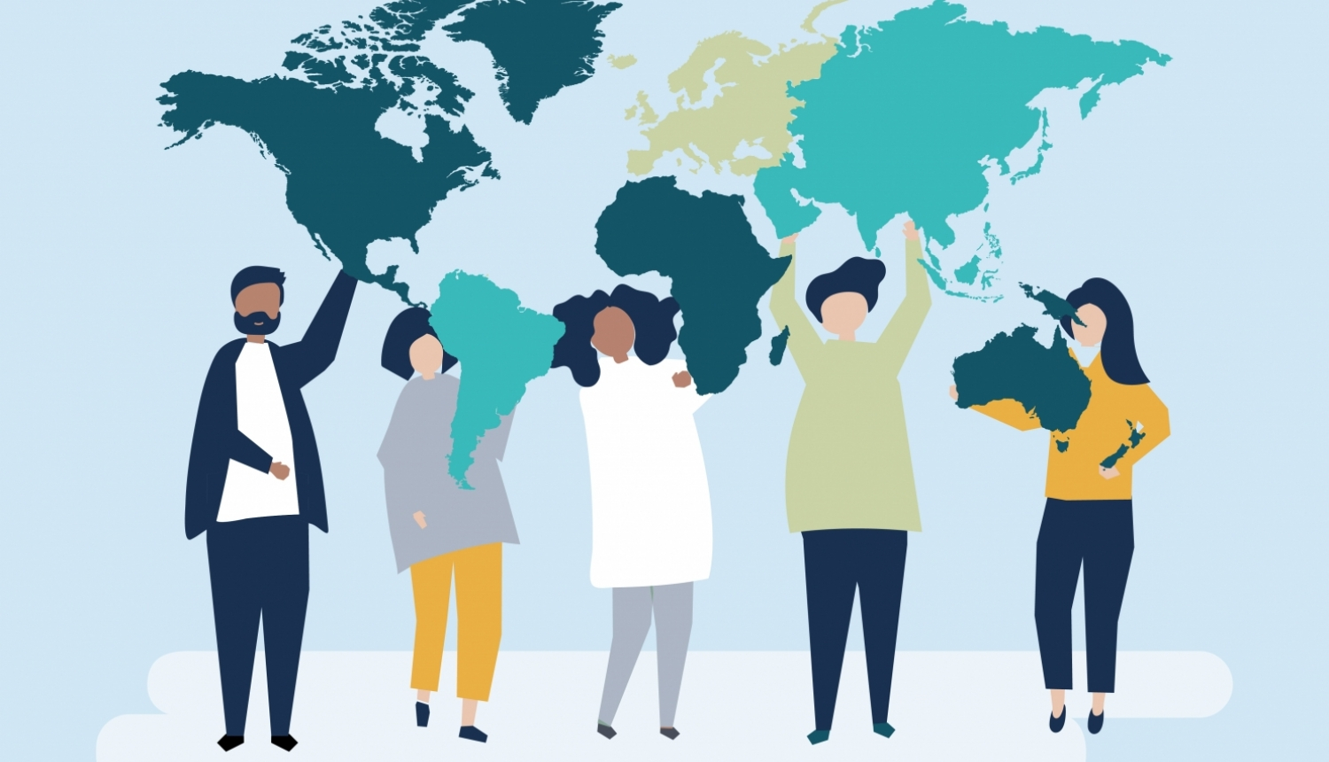 Dažādi ceilvēki uz pasaules kartes fona