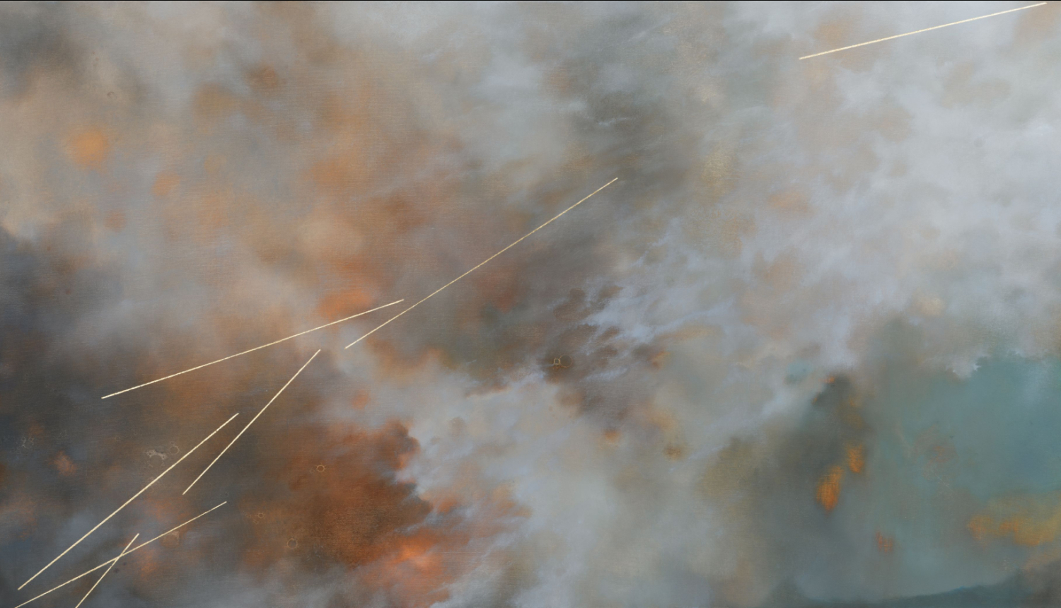 Lietuviešu mākslinieces Diānas Rudokienes darbs "Mijkreslis", saplūstoši krāsu laukumi, kas atgādina debesis un mākoņus