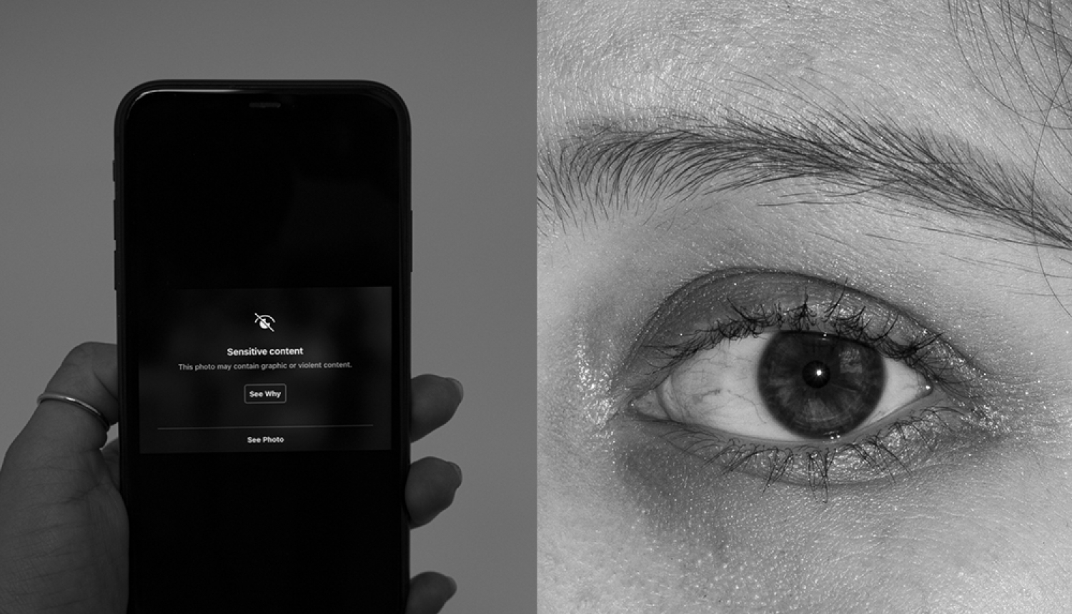 Fotogrāfija ar mobilo tālruni un cilvēka aci tuvplānā