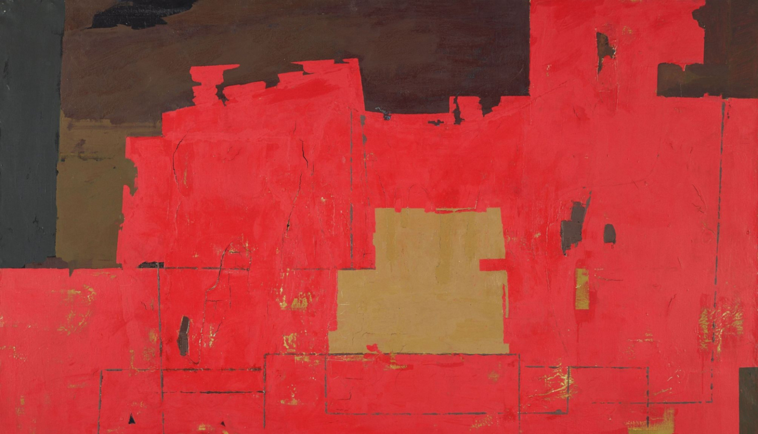 Ojāra Ābola glezna - sarkani, melni un okera krāsas laukumi neregulārā kompozīcijā