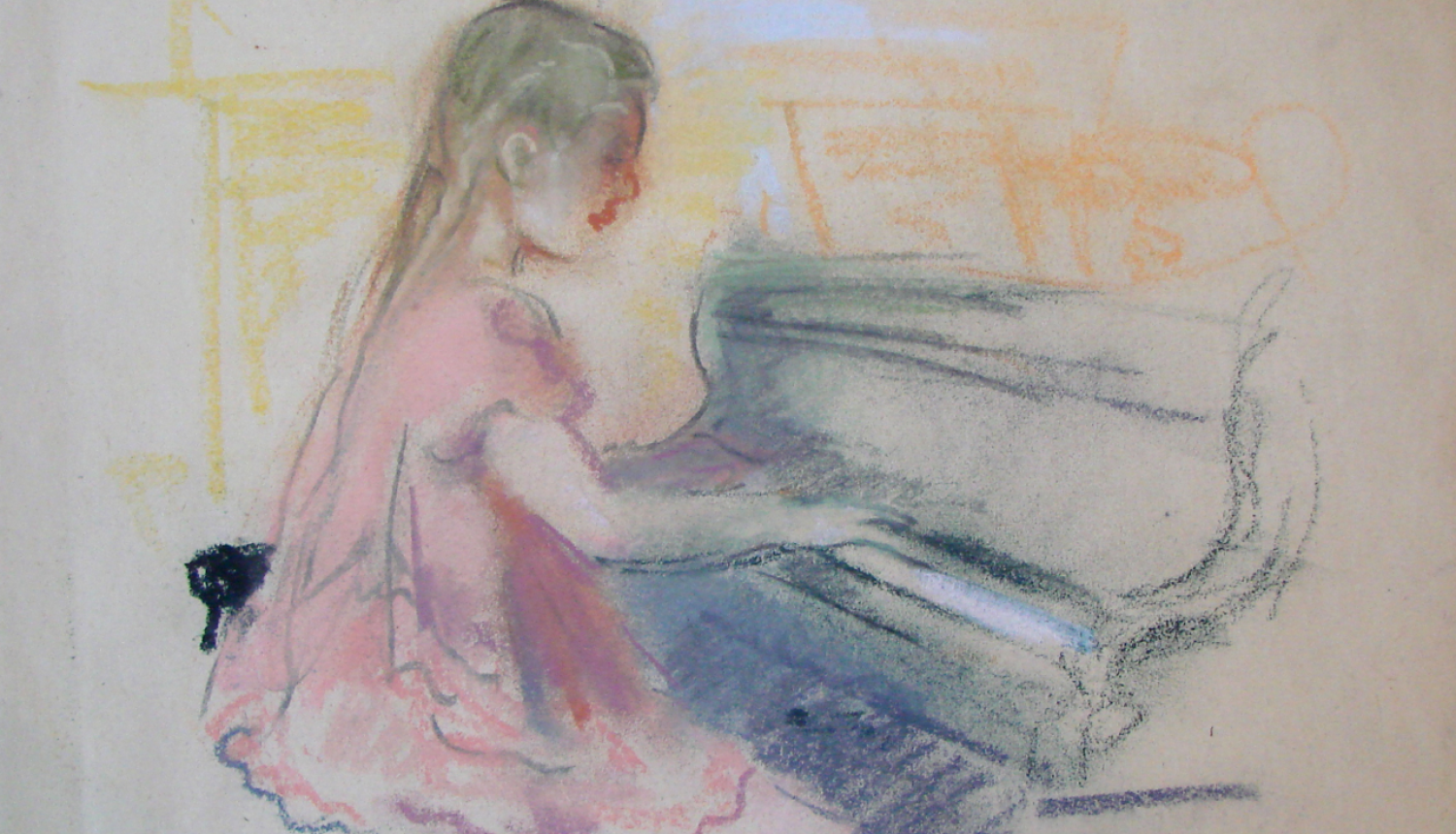 Zīmējums ar mazu meiteni pie klavierēm