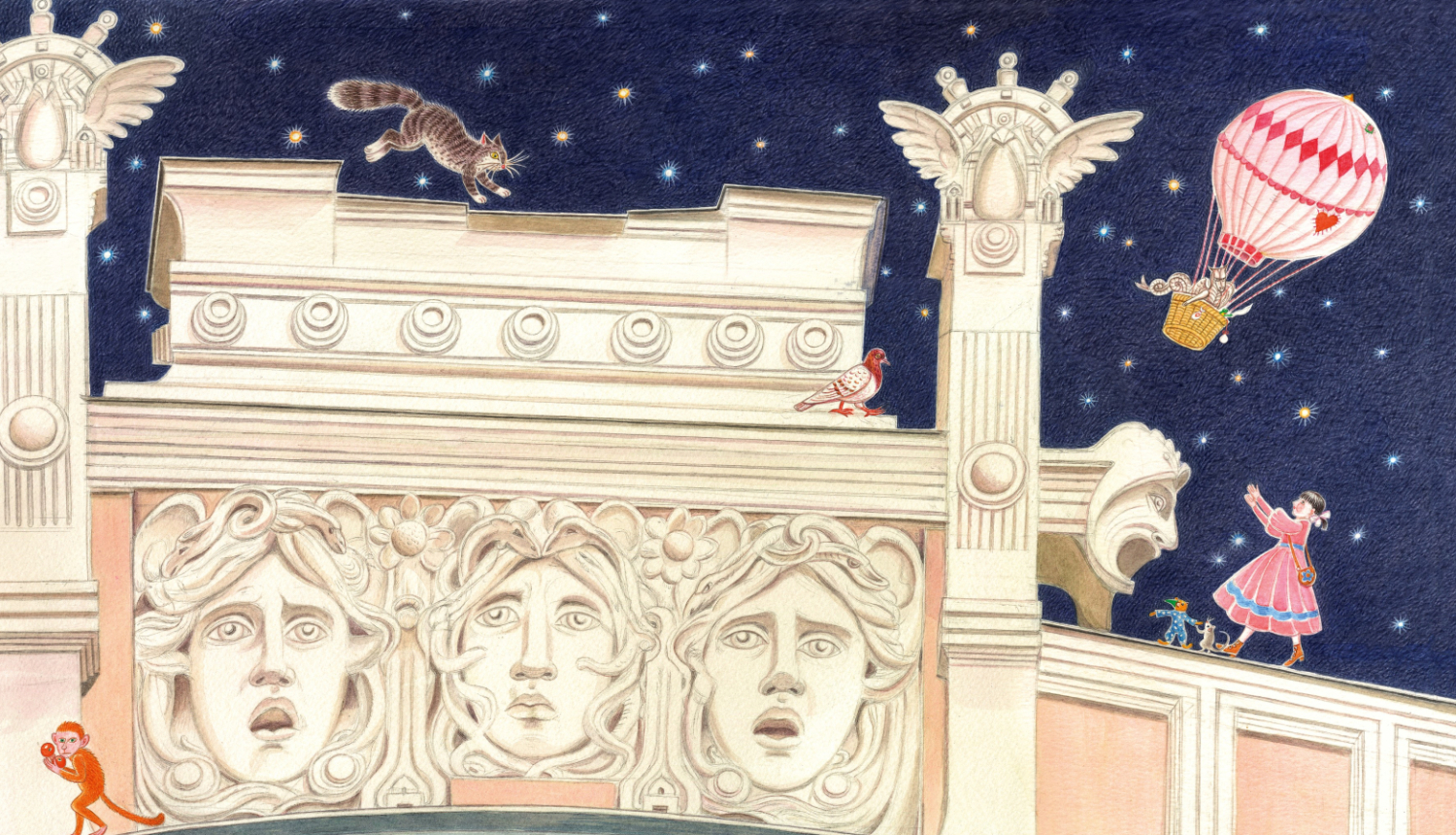 Detalizēta fantāzijas ilustrācija no bērnu grāmatas, kurā redzama nakts aina ar greznas ēkas fasādi, uz kuras staigā meitene rozā kleitā ar dzīvniekiem un rotaļlietu gaisa balons paceļas debesīs. Uz jumta kaķis lec uz baloža pusi, bet malā žonglē mazs mērkaķītis.