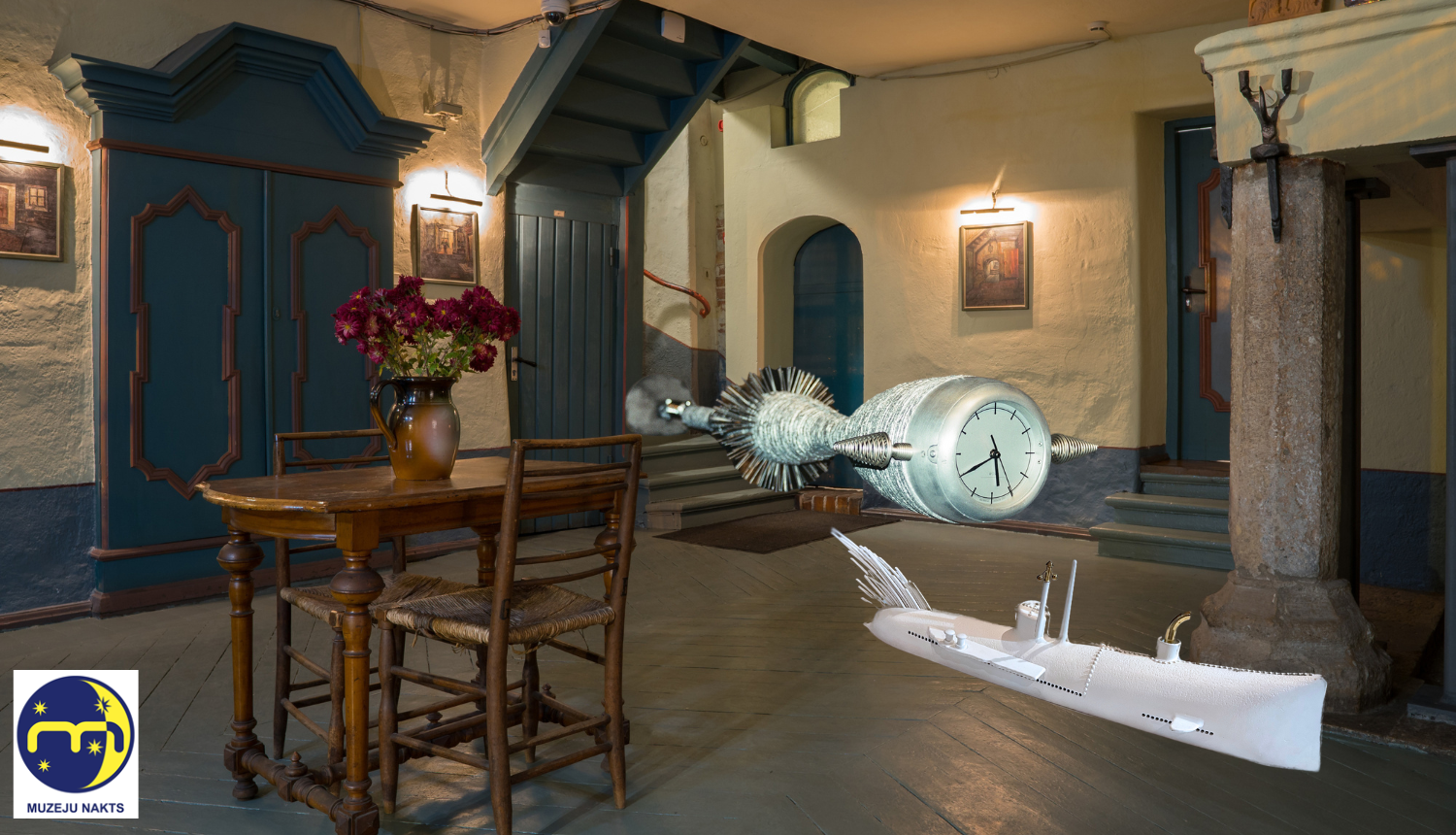Vēsturiskas ēkas interjers ar mūsdienīgiem objektiem. Kreisajā stūrī logo ar uzrakstu "MUZEJU NAKTS".