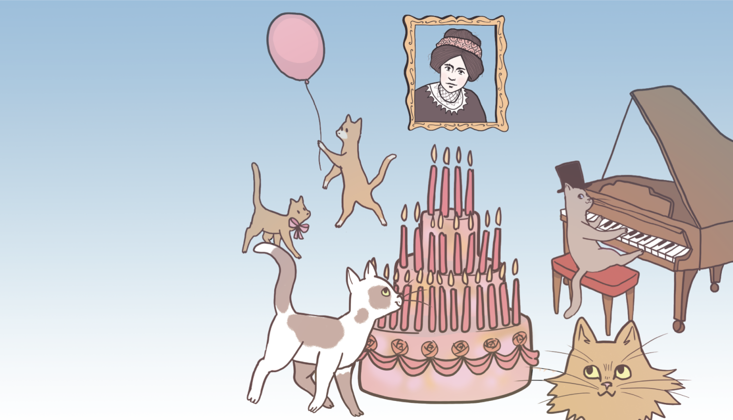Ilustrācija - dzimšanas dienas kūka un kaķi, Aspazijas portrets pie sienas