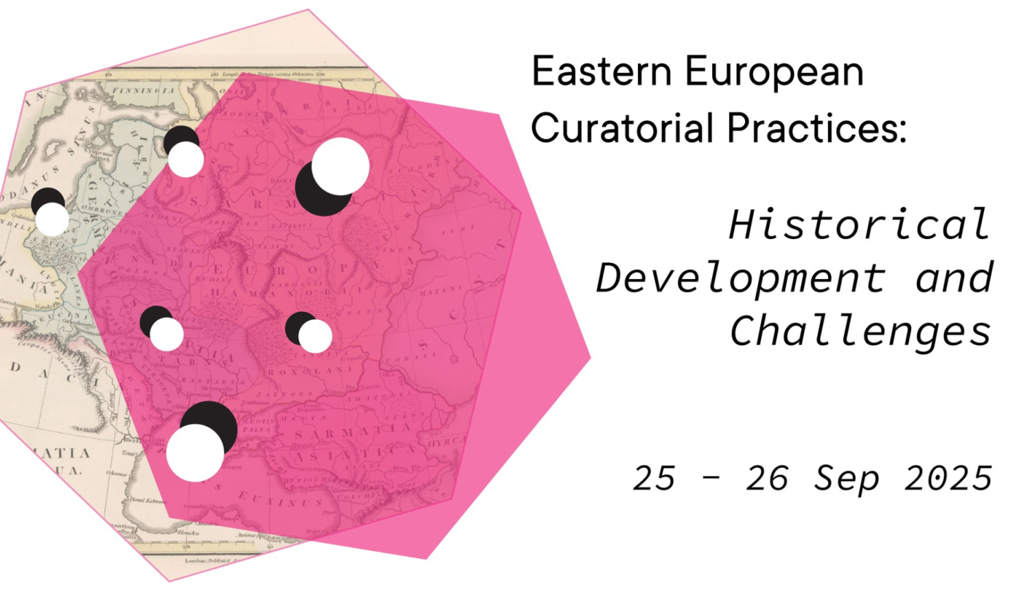 Attēls ar krāsainām figūrām un tekstu - Starptautiskais simpozijs “Austrumeiropas kuratoriālās prakses – attīstība un izaicinājumi”, 25-26. septembris