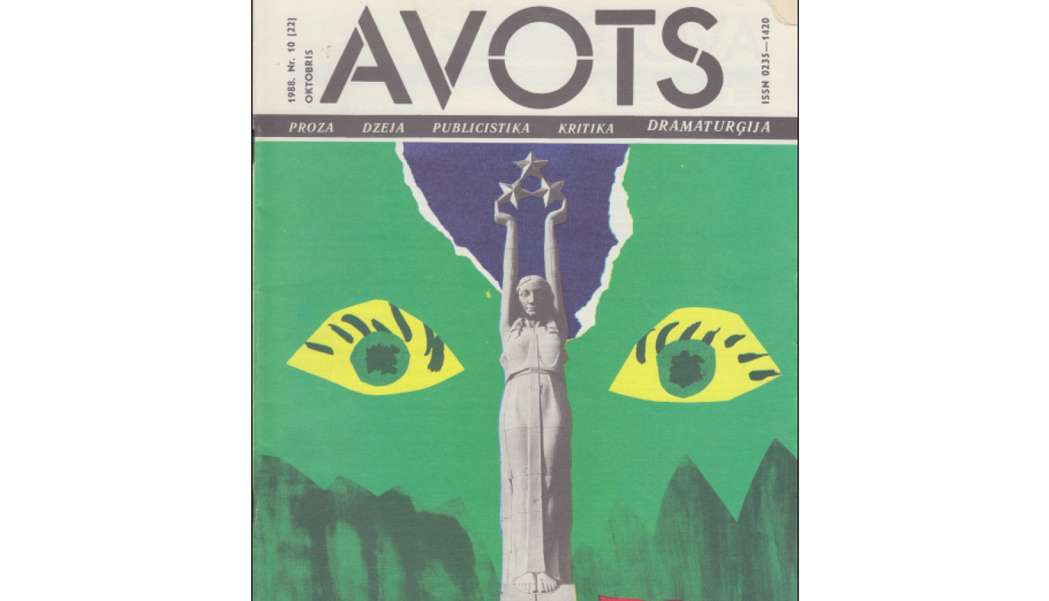 Žurnāla "Avots" numurs. Uz vāka Brīvības pieminekļa attēls un divas stilizētas acis uz zaļa fona