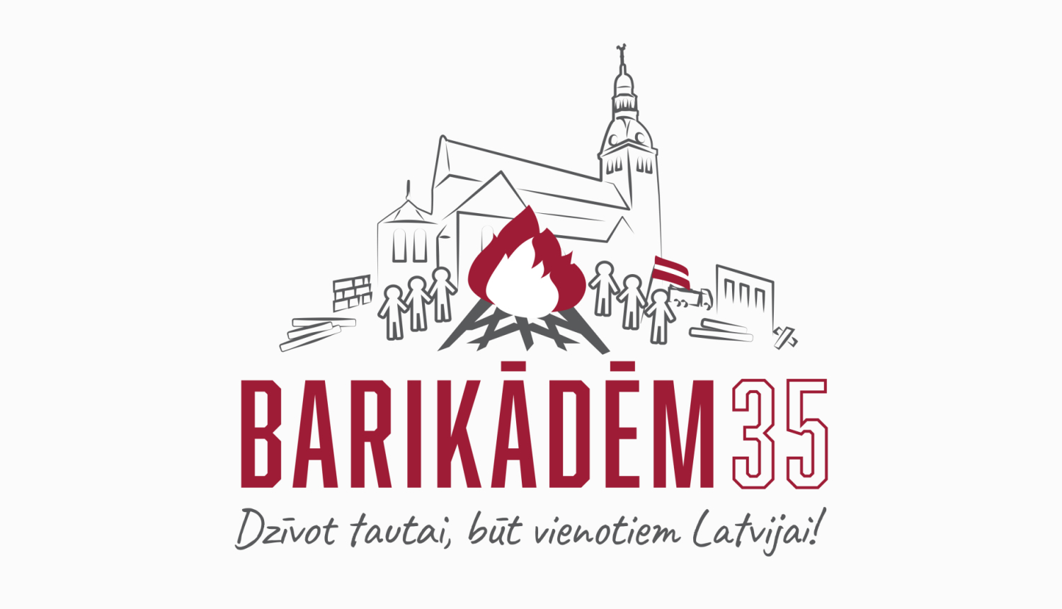 "Barikādēm 35" logo ar Doma baznīcas, ugunskura un cilvēku figūru siliuetiem