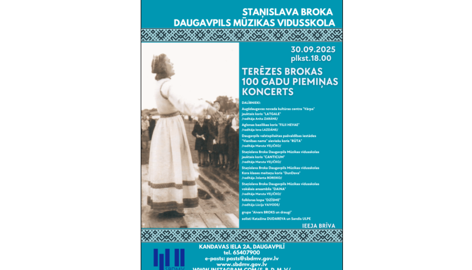 Diriģentes Terēzes Brokas fotogrāfija, uz afišas teksts: Terēzes Brokas 100 gadu piemiņas koncerts