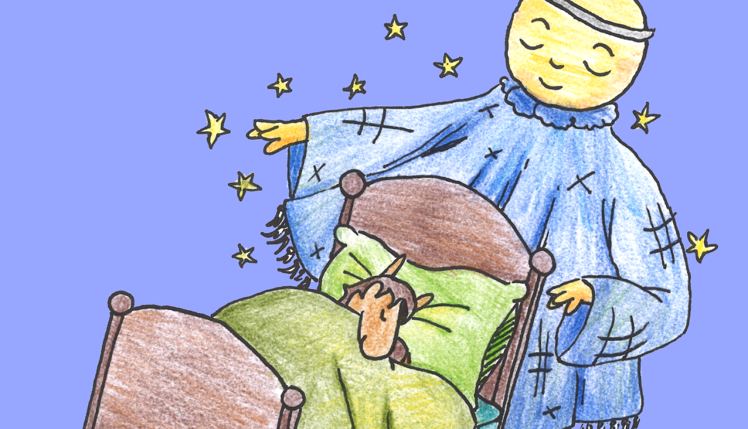 Zīmējums ar zirgu šūpuļgultiņā, aiz kuras stāv stilizēts Miedziņa tēls