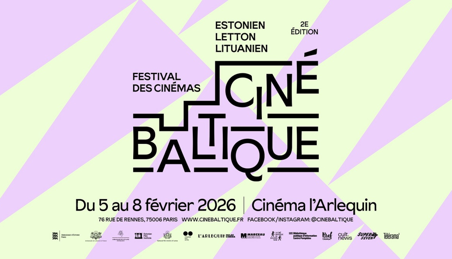 Plakāts ar dzelteniem un rozā krāsu laukumiem un stilizētu uzrakstu „CinéBaltique”