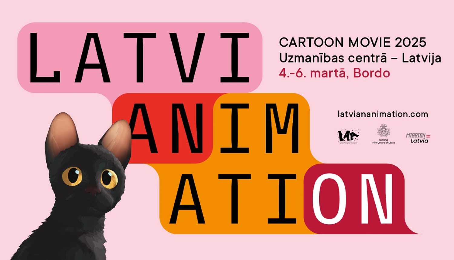 Attēls ar kaķi no animācijas filmas "Straume" un teksts: Latvian animation, Cartoon Movie 2025