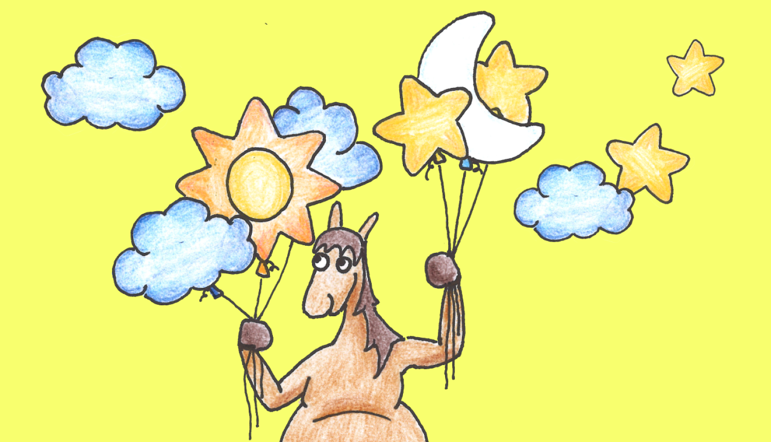 Zīmēta ilustrācija ar zirgu, zvaigznēm un mākoņiem