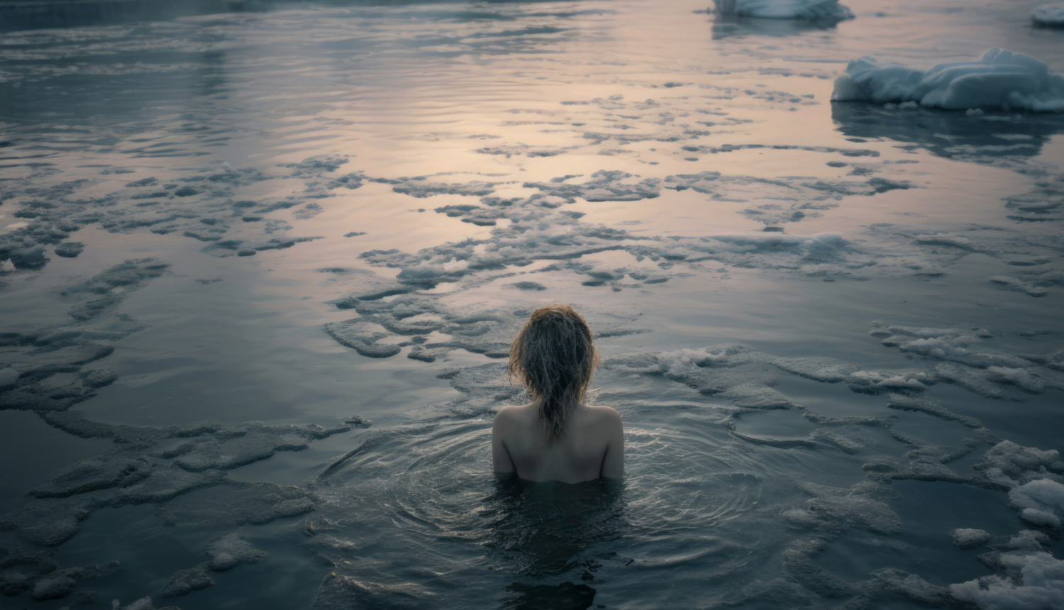 Izrādes publicitātes attēls, sievietes ķermeņa siluets no mugurpuses, kas līdz pleciem ledainā ūdeni