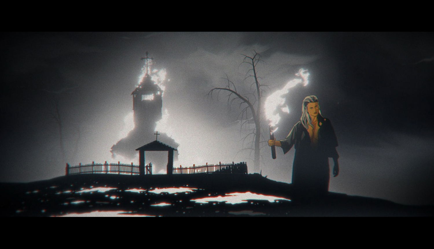 Kadrs no animācijas filmu „Dieva suns”, priekšplānā sieviete ar degošu lāpu, viņai aiz muguras degoša baznīca