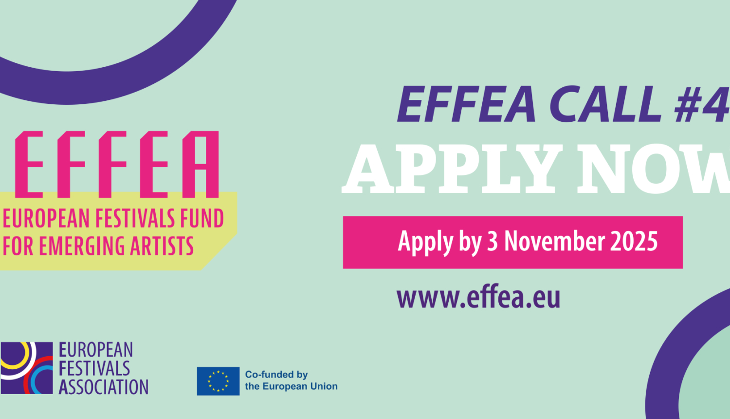 vizuālais materiāls Eiropas Festivālu Asociācijas rezidenču konkursam. Vizuālā materiāla fons ir gaiši zaļš, uz tā iz izvietots teksts "EFFEA ceturtais uzsaukums - pieteicies!" un "pieteikumu iesniegšanas termiņš - 3. novembris", kā arī EFFEA, EFA un ES logotipi