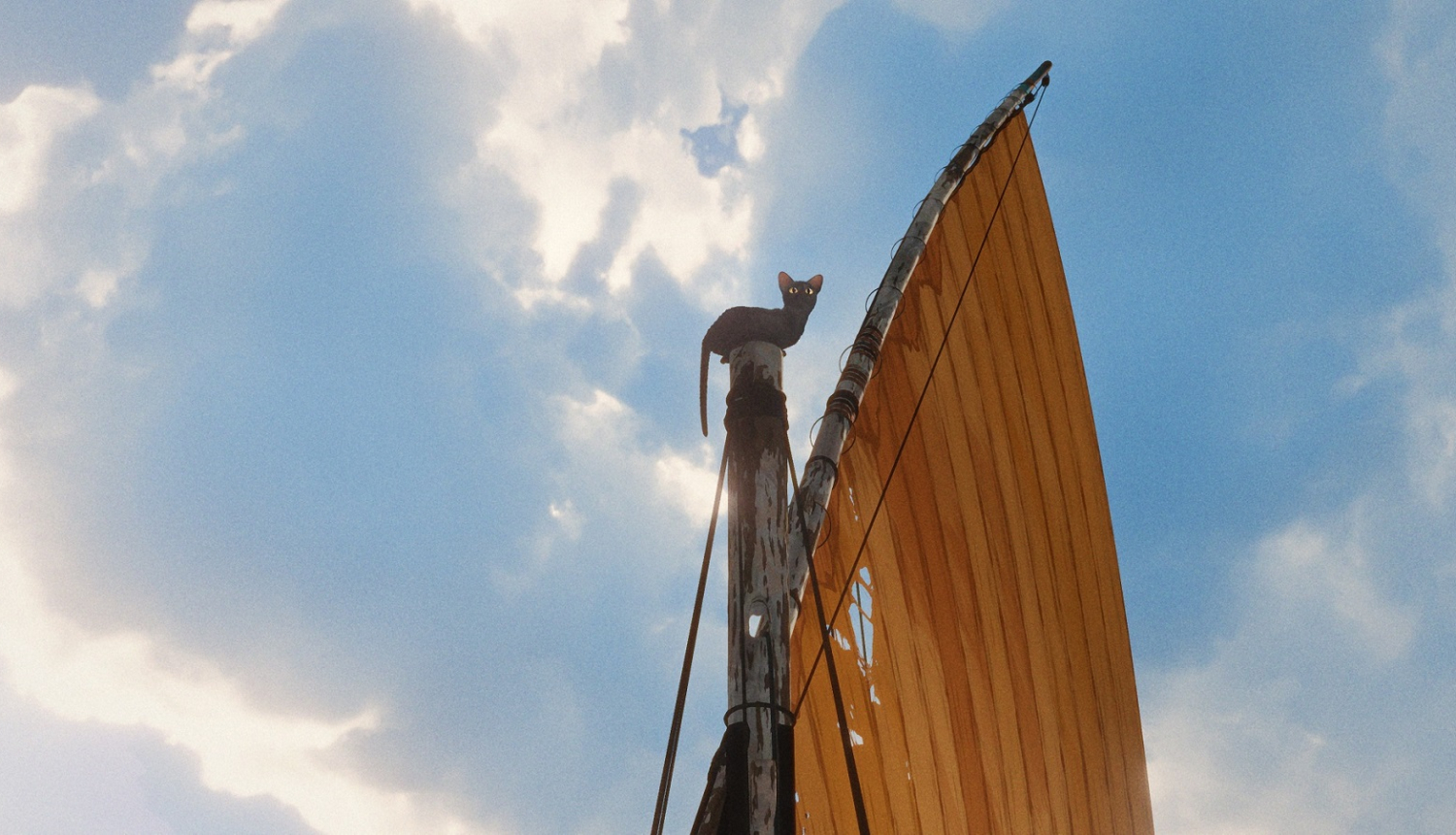 Kadrs no Ginta Zilbaloža animācijas filmas “Straume” materiāla - kaķis kuģa mastā