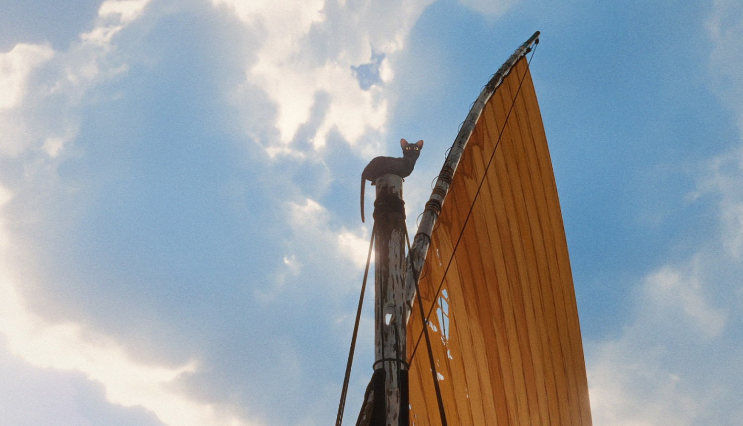 Screenshot from the film "Flow" - cat on the ship