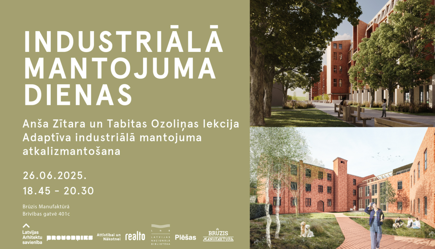 Industriālā mantojuma dienas afiša Anša Zītara un Tabitas Ozoliņas lekcijai "Adaptīva industriālā mantojuma atkalizmantošana"