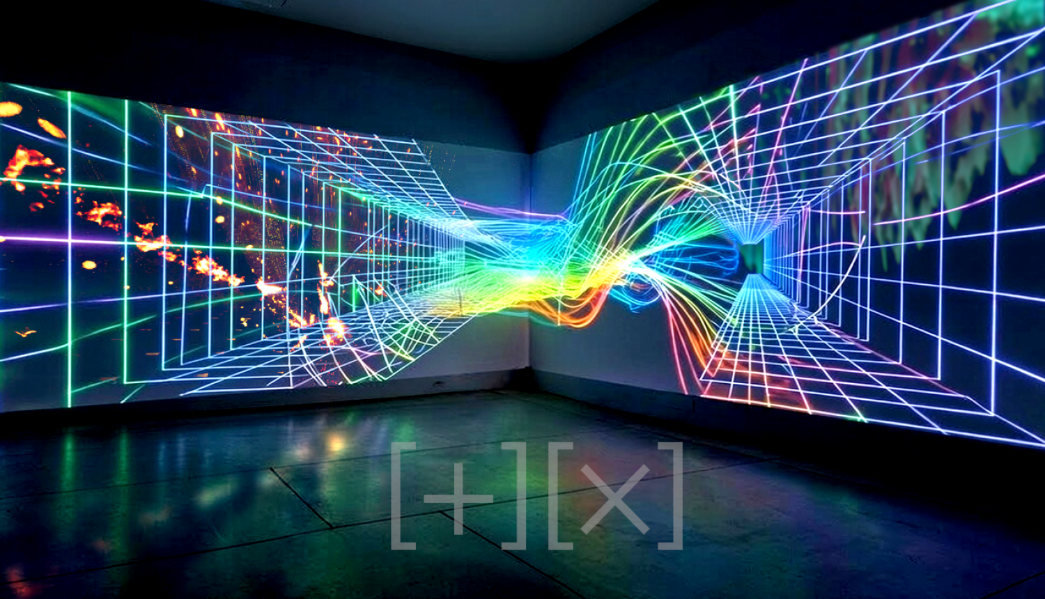 Jāņa Garanča izstādes “confluxus [+][×] stūra portāli” darba fragments - krāsaini ekrāni/projekcijas tumšā telpā