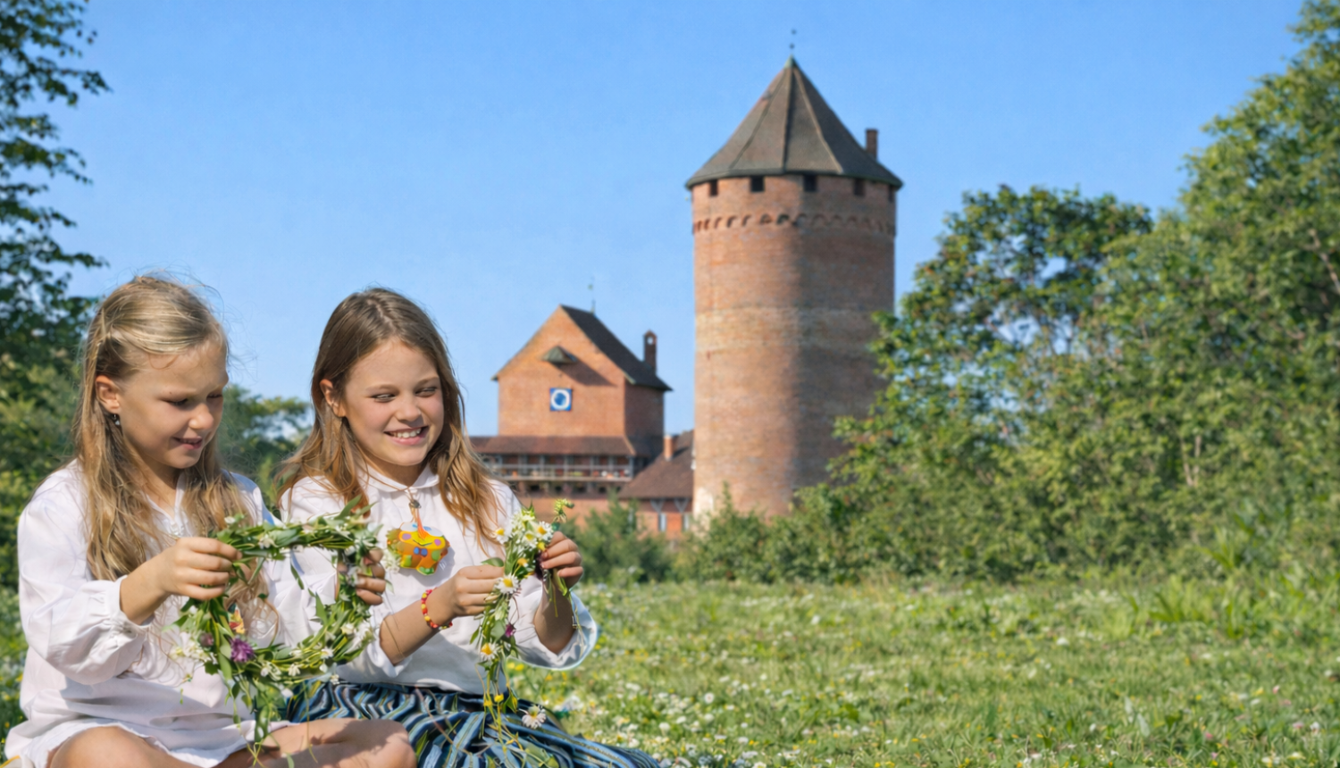 Divas meitenes pin ziedu vainagus pļavā, fonā Turaidas pils