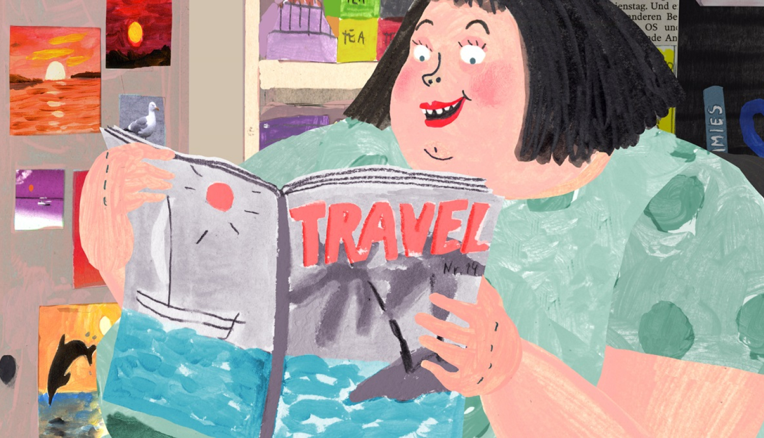 Kadrs no animācijas īsfilmas Kiosks (2013) - kioska pārdevēja lasa ceļojumu katalogu