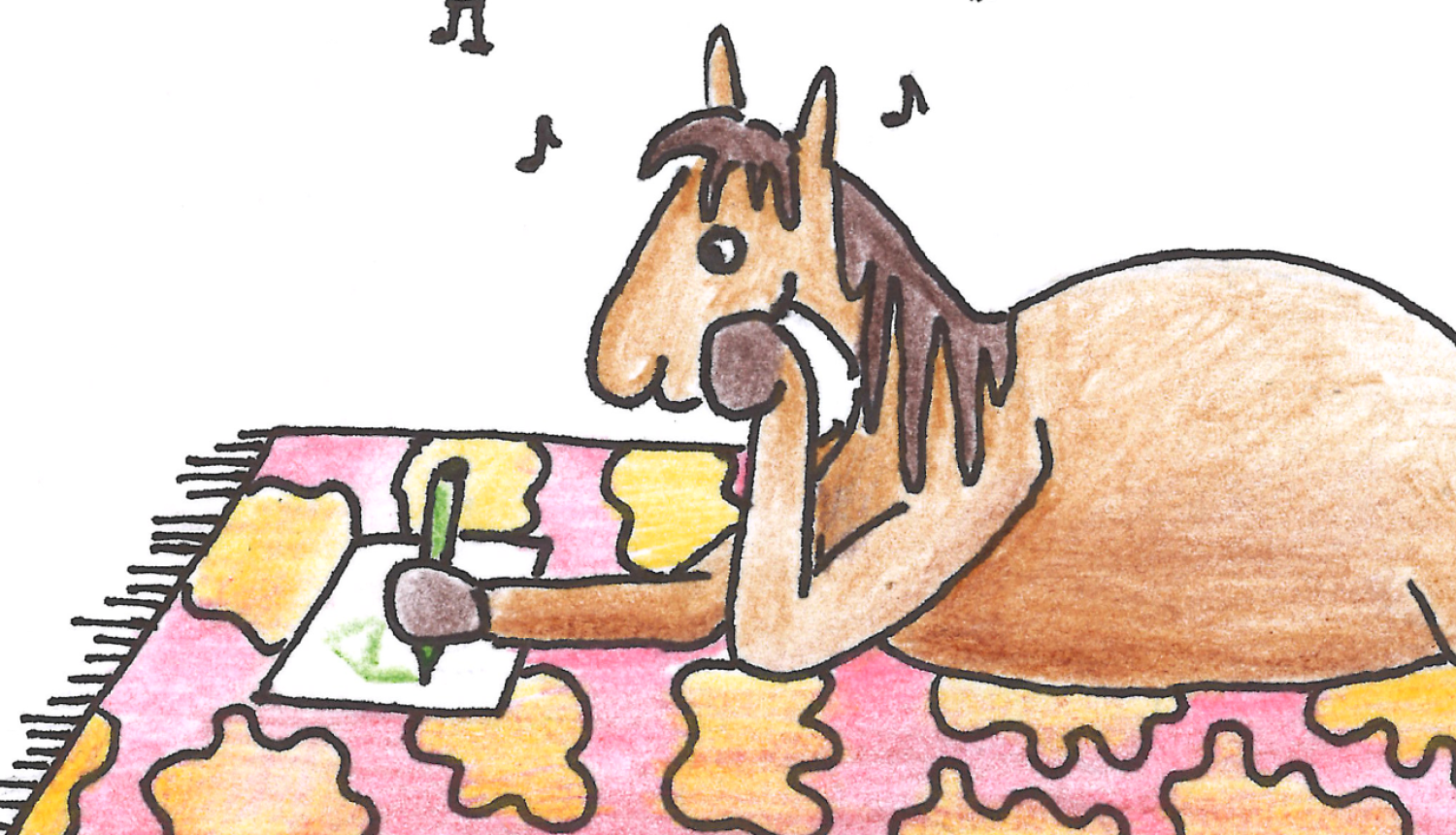 Zīmējums/ilustrācija ar zirgu, kas sēž uz paklāja un zīmē