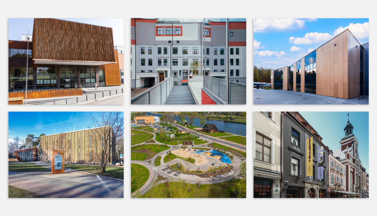 Kolāža ar Valmieras teātra ēku, TabFab, LNOB darbnīcu kompleksu, Piejūras brīvdabas muzeja, Pilssalas teritoriju un Latvijas Nacionālā rakstniecības un mūzikas muzeja ēkām
