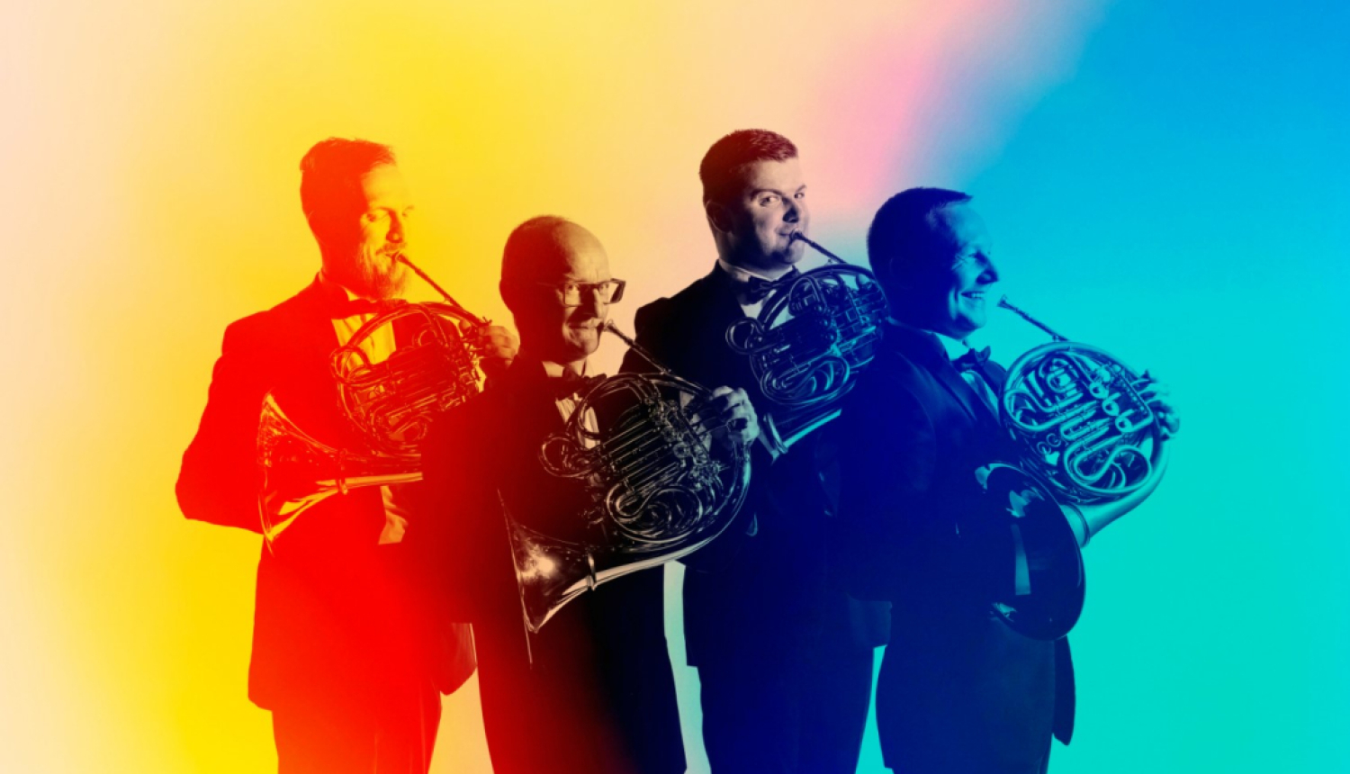 Sinfonietta Rīga mežragu grupas koncertmeistars Artūrs Šults un LNSO mežragu grupas mūziķi Guntis Kronītis, Miks Bankevics un Kalvis Etkins