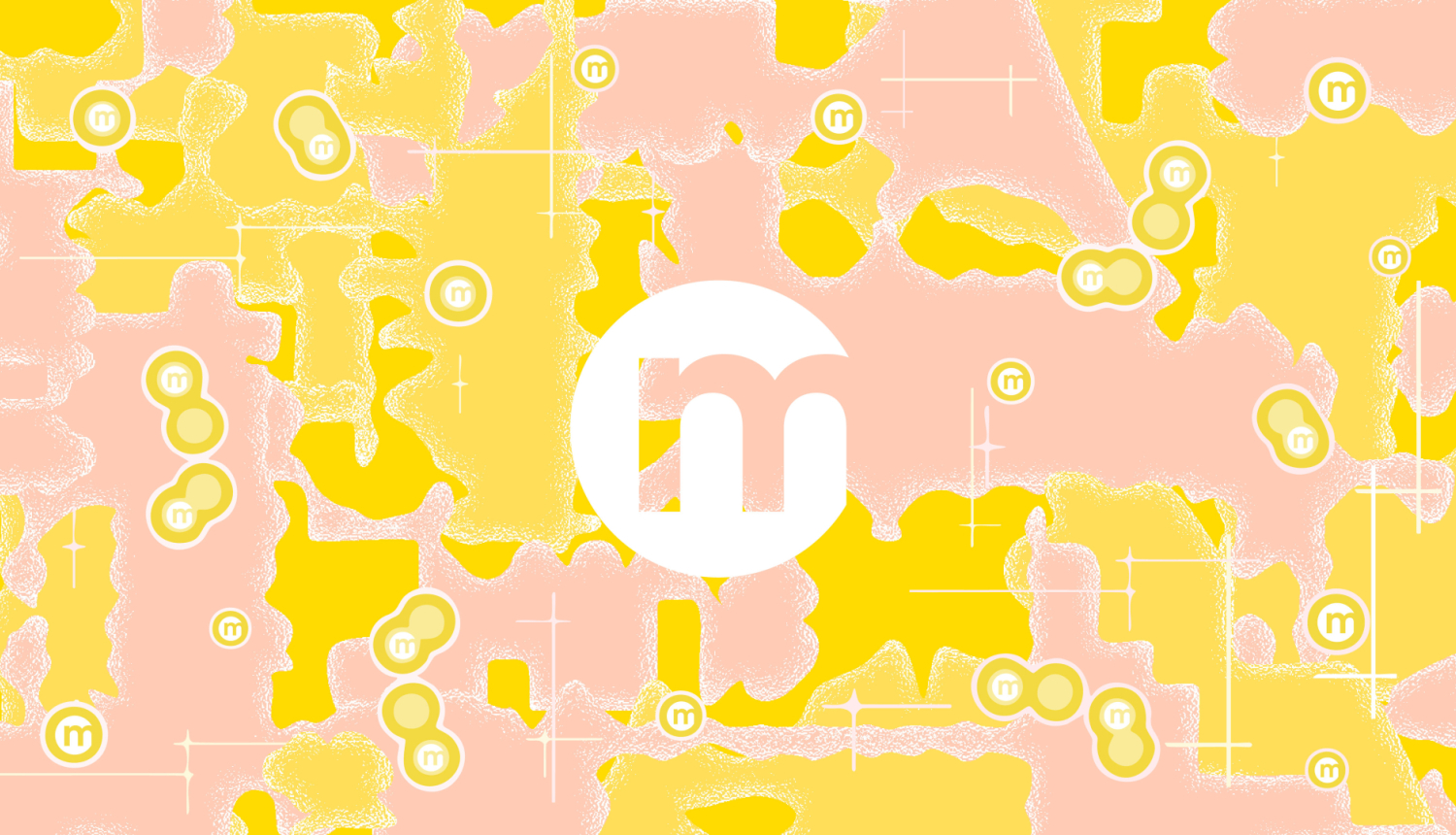 Dzeltenas un rozā krāsas fons ar burtu "M" attēla vidū - Latvijas Muzeju biedrības logo