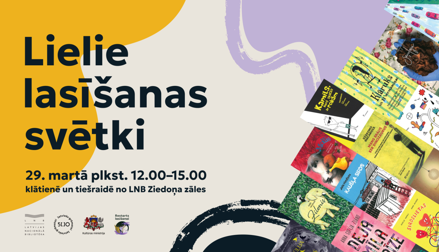 Teksts uz attēla ar grāmatām: Lielie lasīšanas svētki