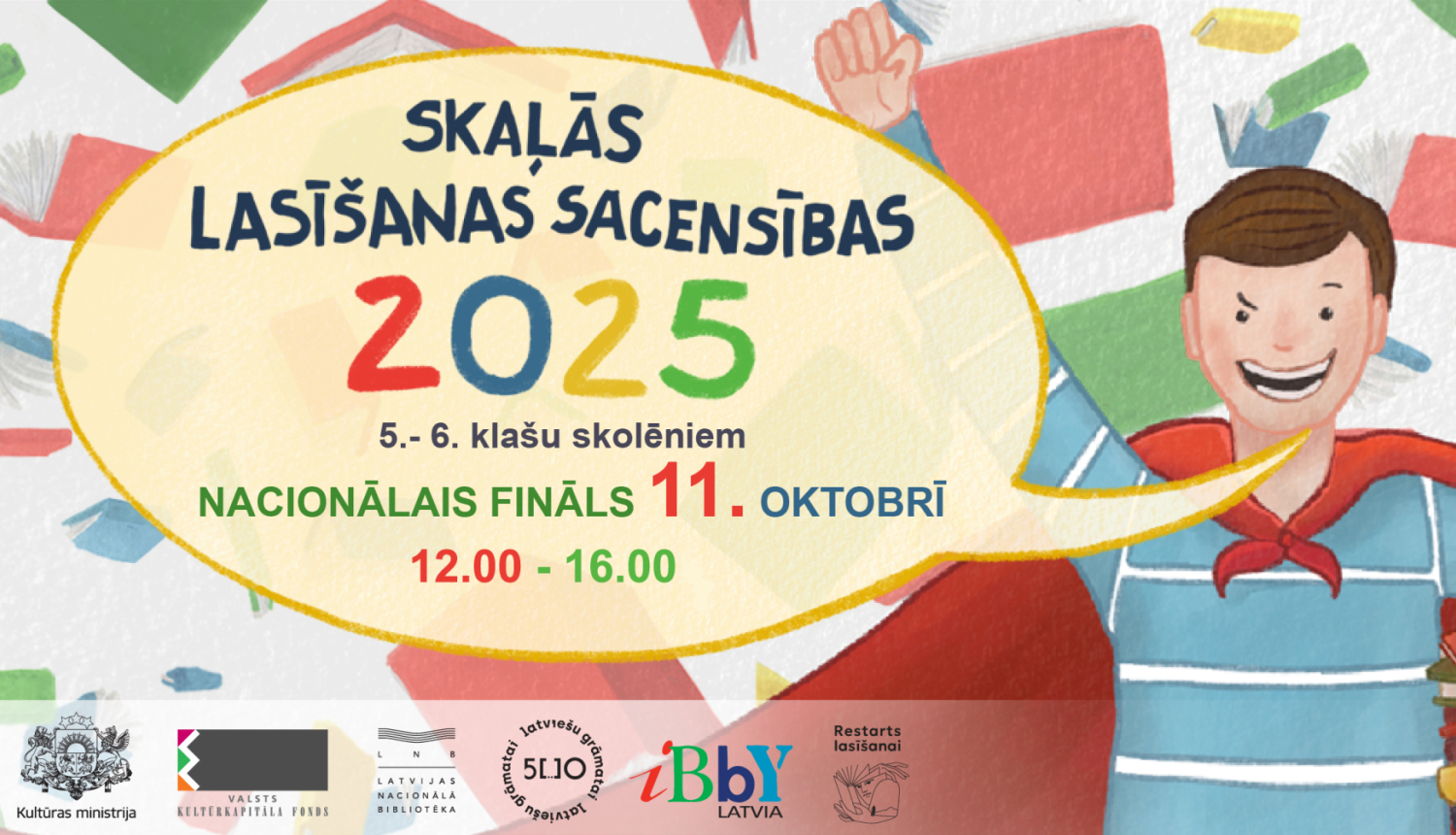 Krāsaina afiša ar zēna ilustrāciju supervaroņa tērpā - Skaļās lasīšanas sacensības 2025"