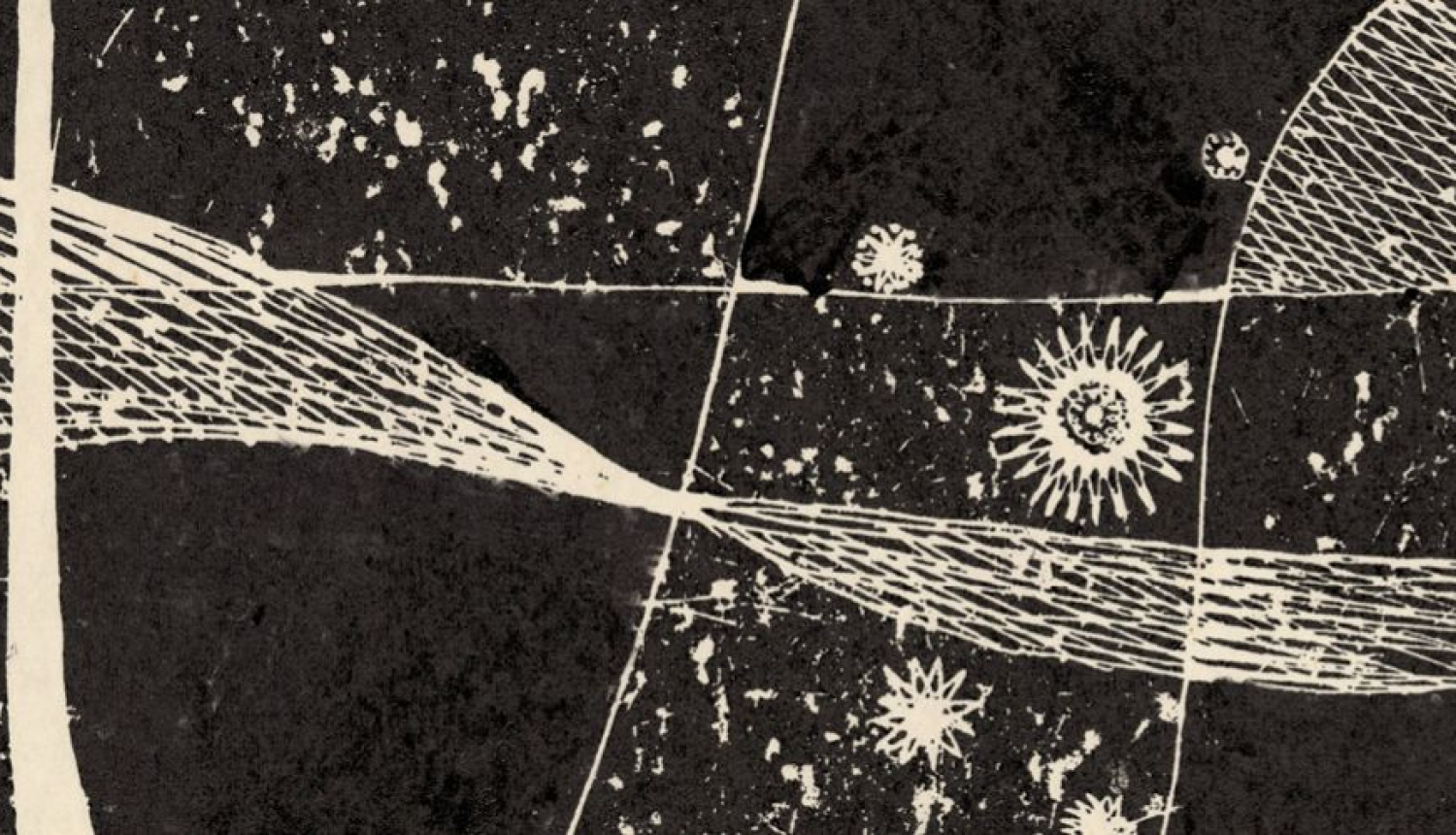 Darbs no izstādes “Dzidra Ezergaile. Kosmoss un ekslibri”, melnbalts grafikas tehnikā radīts darbs