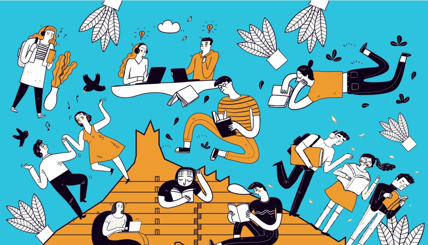 Ilustrācija ar dažādiem cilvēciņiem, kas apgūst jaunas zināšanas