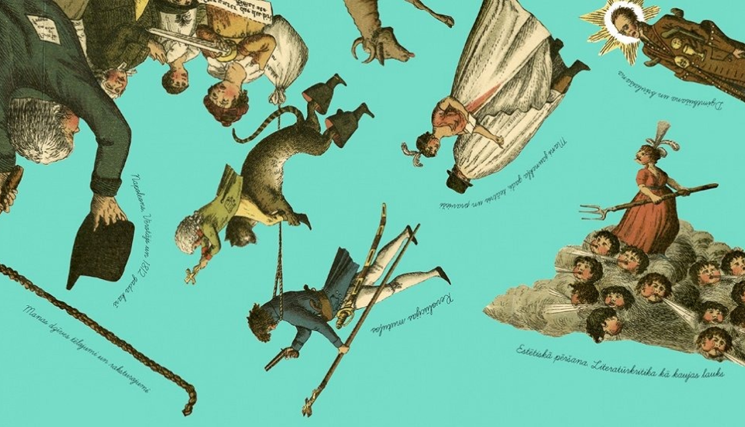 Kolāža no dažādām vēsturiskām ilustrācijām uz tirkīza krāsas fona