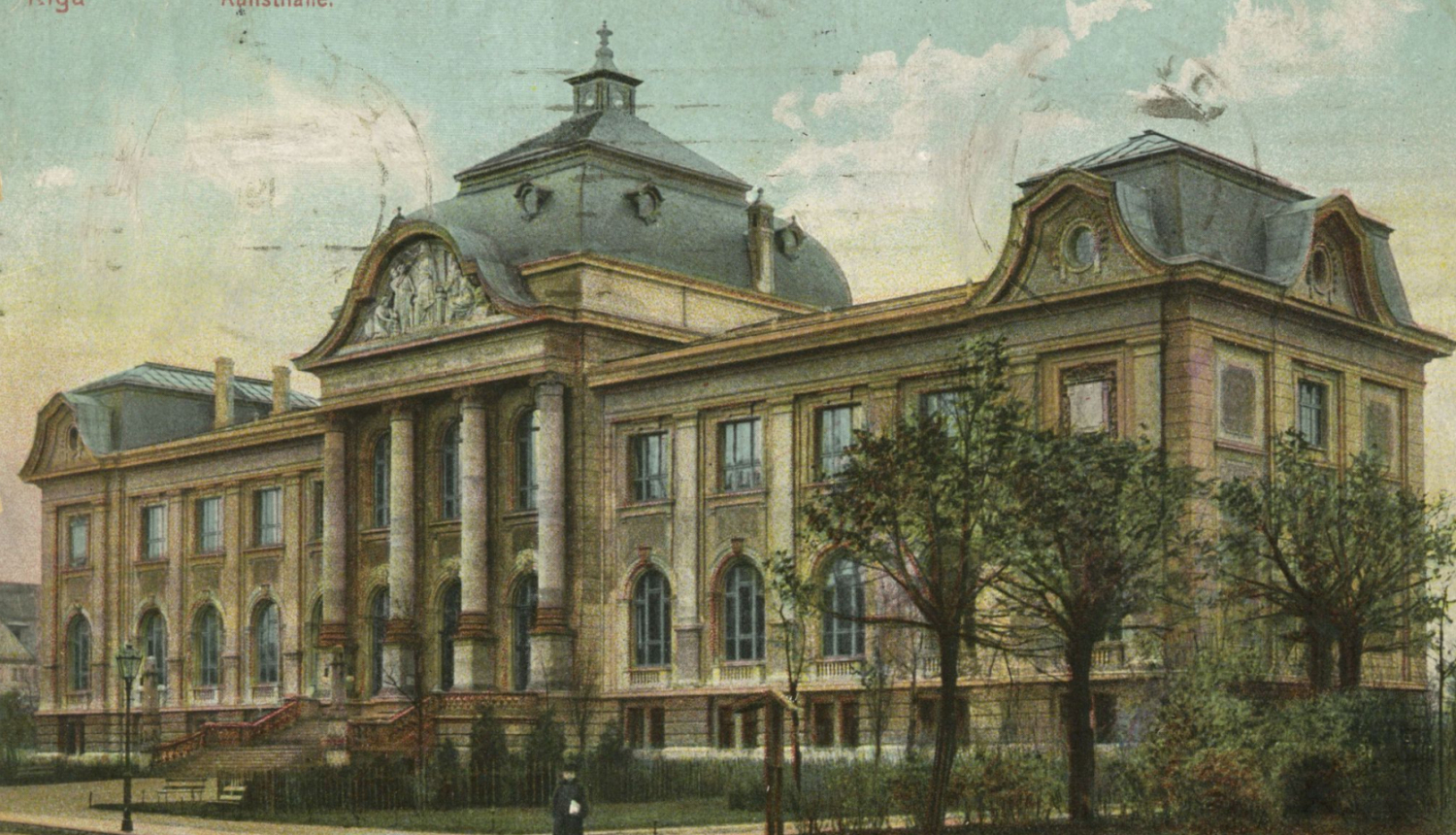 Rīgas pilsētas mākslas muzeja fasēde uz atklātnes ap 1905.–1914. gadu