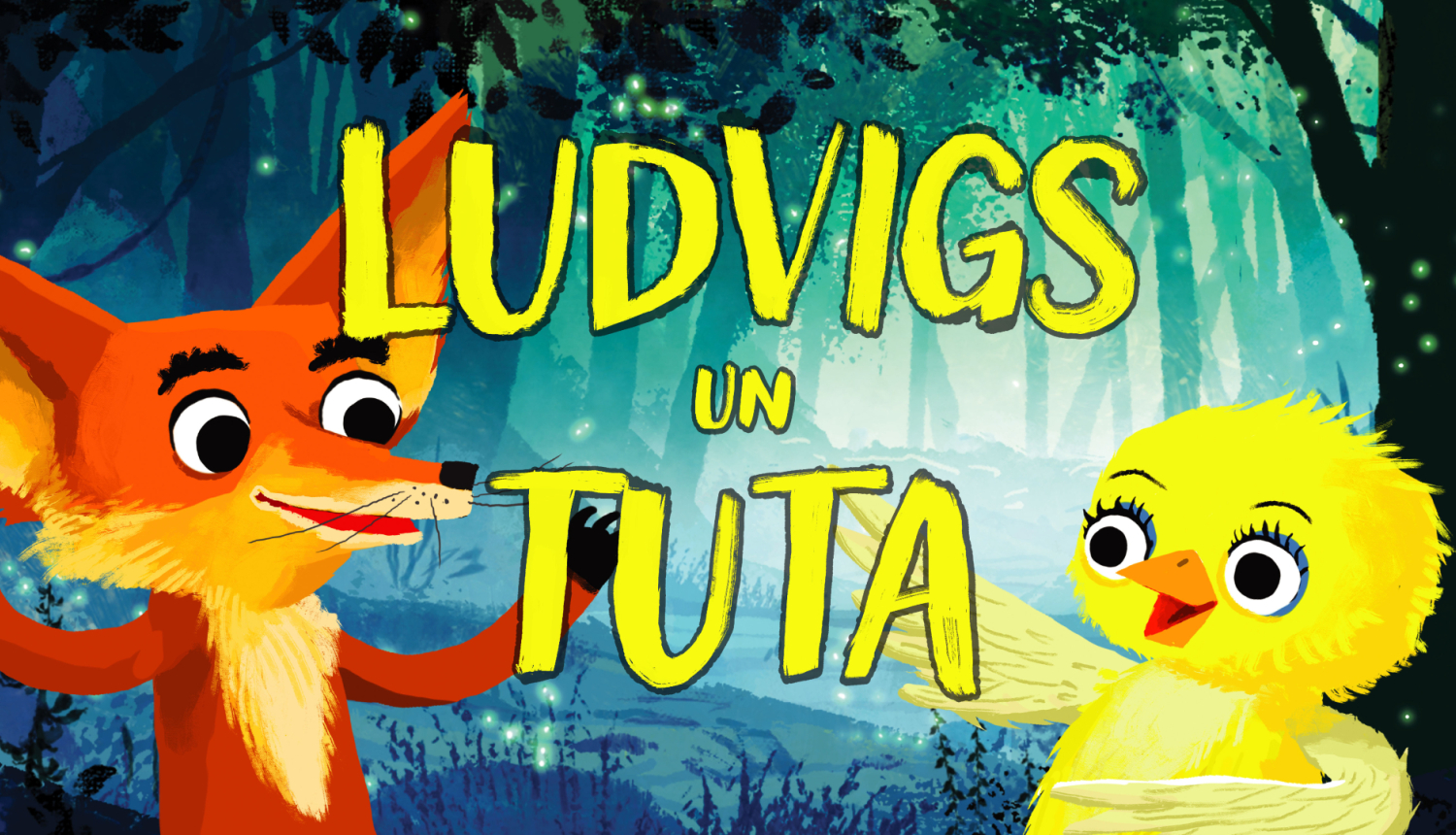 Muzikālās leļļu komēdijas “Ludvigs un Tuta” ilustrācija ar lapsu un cāli