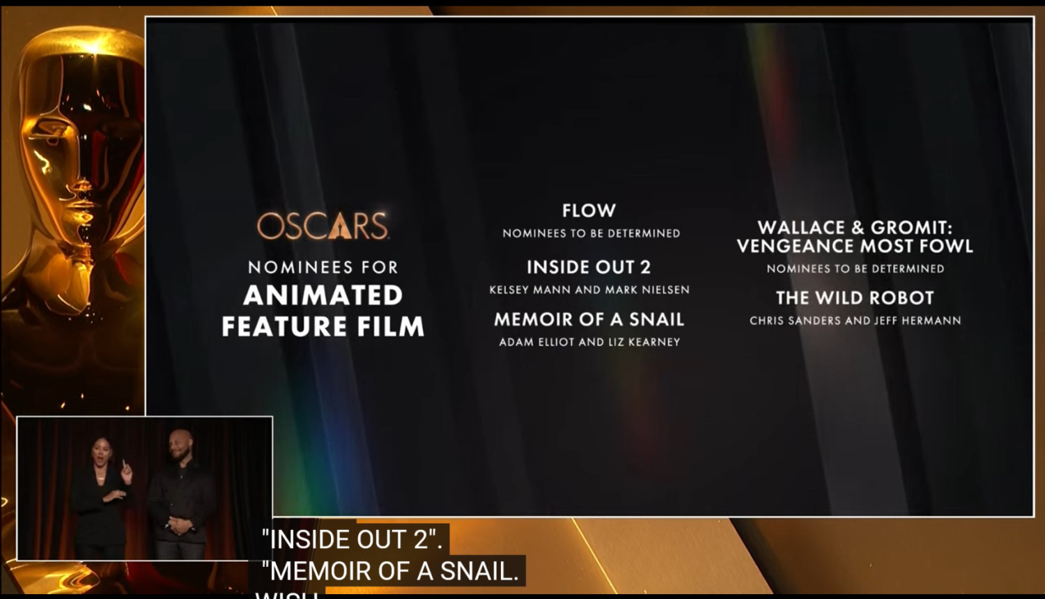 Ekrānšāviņš no nomināciju paziņošanas kategorijā „Labākā pilnmetrāžas animācijas filma”