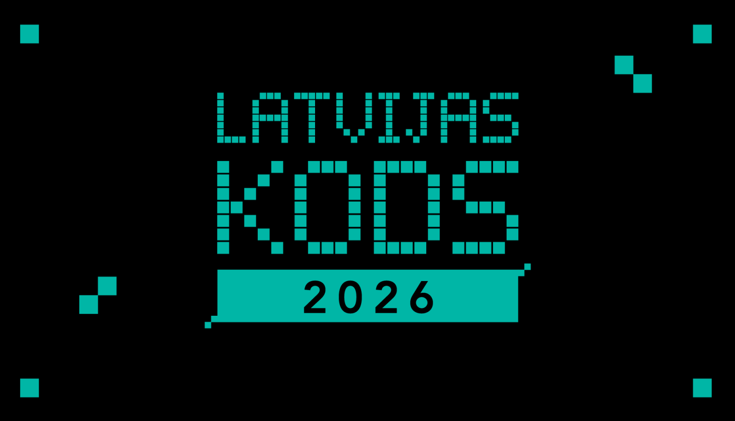 Tirkīzkrāsas uzraksts uz melna fona: LATVIJAS KODS 2026