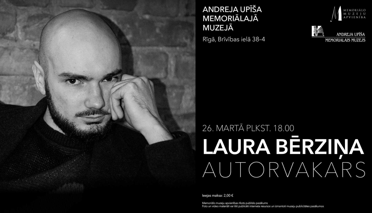 Laura Bērziņa autorvakara publicitātes attēls ar rakstnieka portreta foto