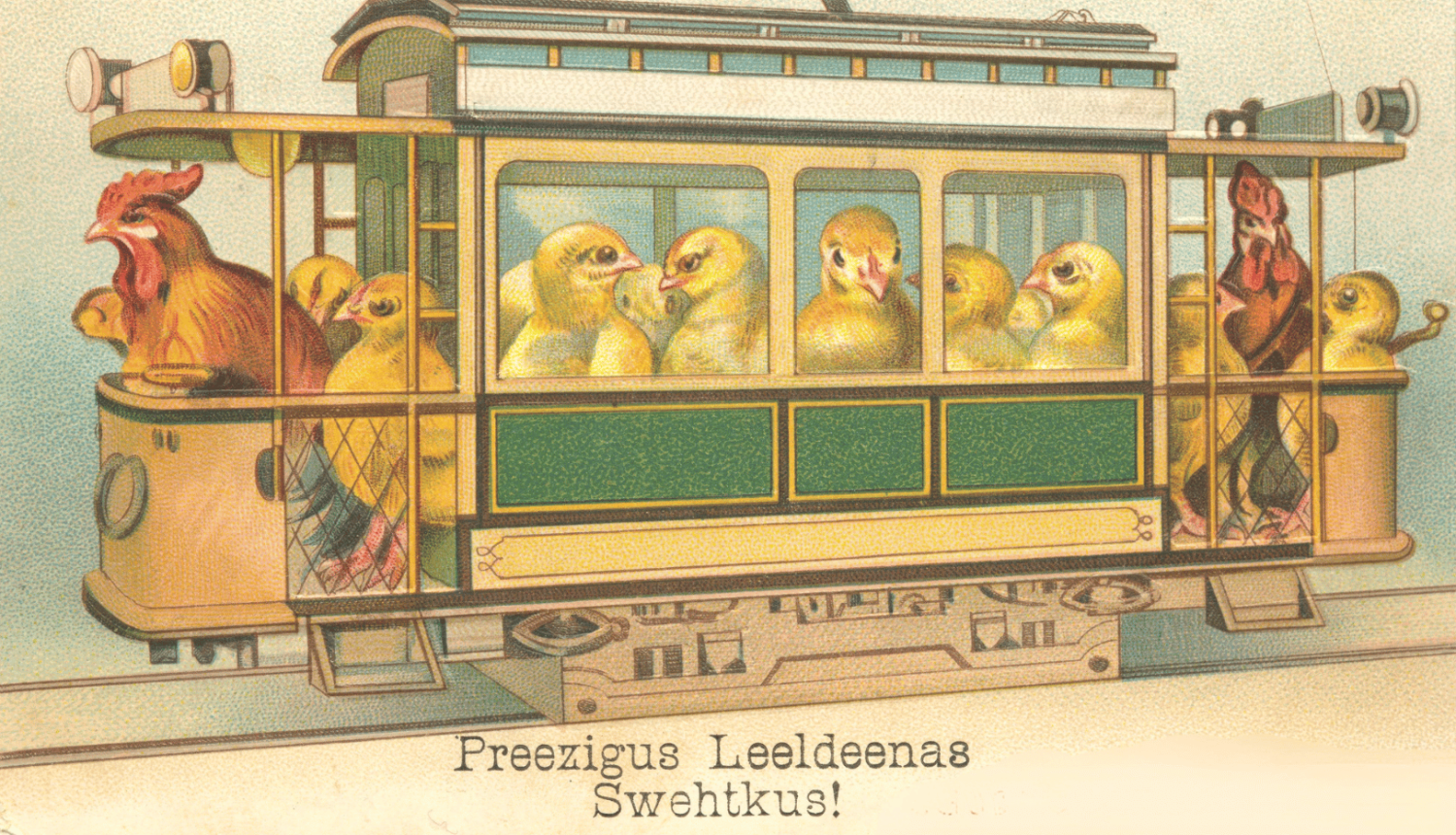 Lieldienu apsveikuma pastkarte ar gaiļiem un cāļiem tramvajā