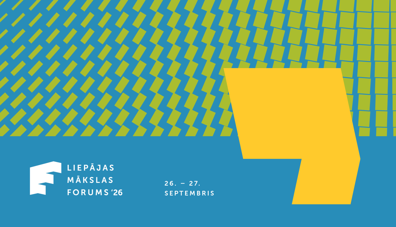 Liepājas mākslas foruma logo, krāsainas formas un laukumi, teksts: 26.-27. septembris