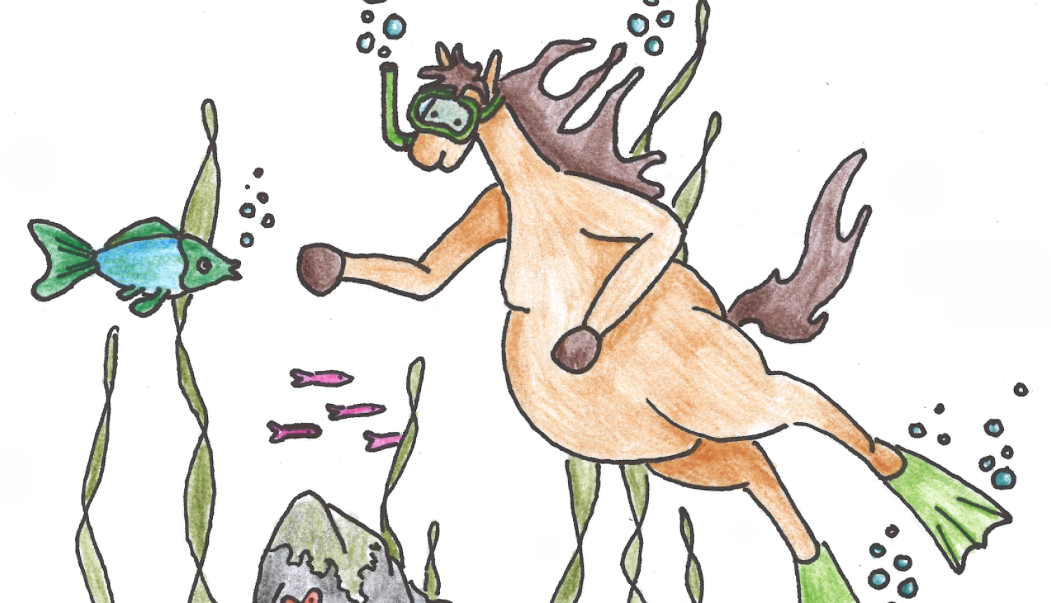 Zīmēta ilustrācija ar zirgu zem ūdens un zivīm