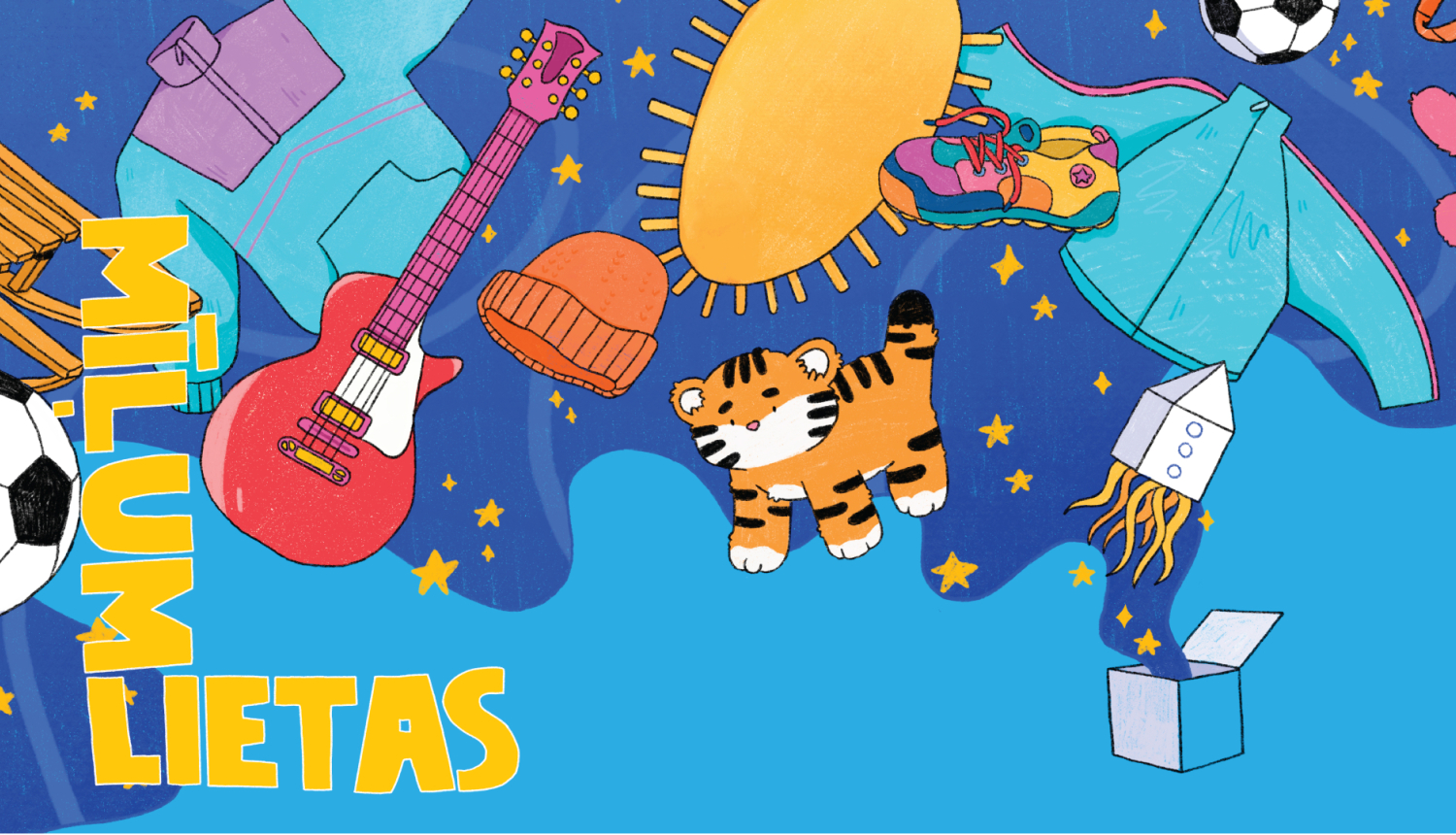 Izrādes “Mīļumlietas” plakāts ar dažadām bērnu rotaļlietām