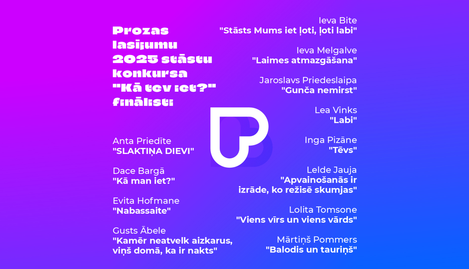 Teksts uz zilgani violetas krāsas fona: “Prozas lasījumu 2025” stāstu konkursa finālisti